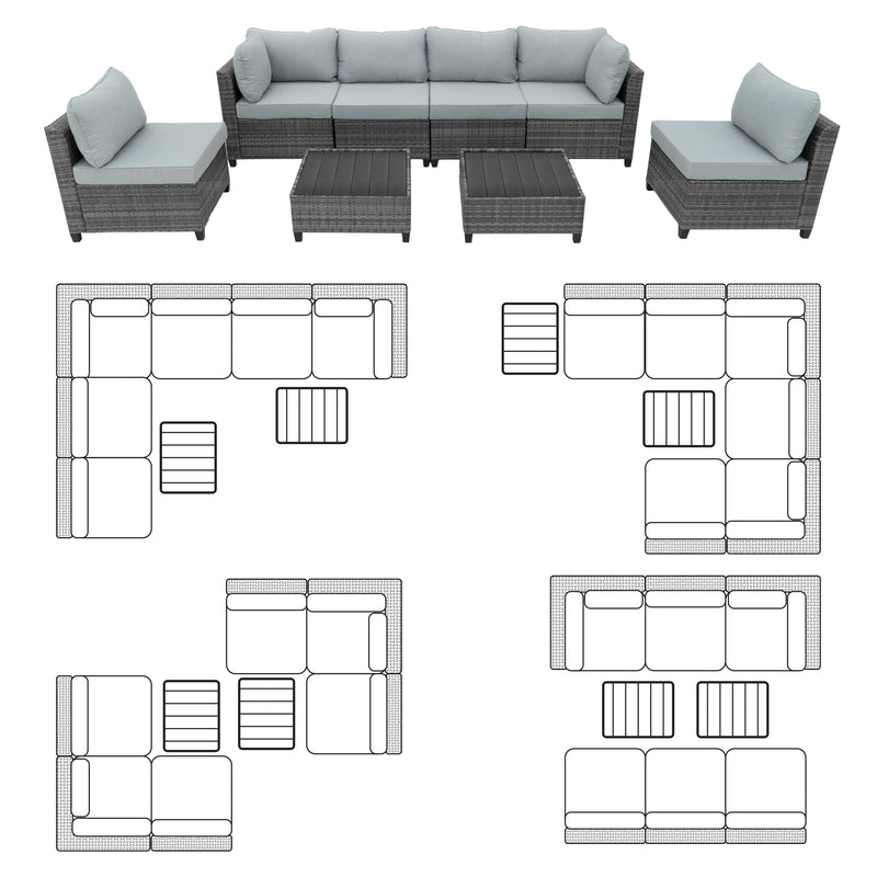 Deko Living - 8 Piece Gray Outdoor Sectional Wicker Sofa Chairs and Tables with Interchangable Blue and Gray Cushion Covers