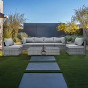 Deko Living - 8 Piece Gray Outdoor Sectional Wicker Sofa Chairs and Tables with Interchangable Blue and Gray Cushion Covers