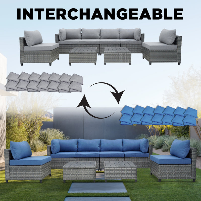 Deko Living - 8 Piece Gray Outdoor Sectional Wicker Sofa Chairs and Tables with Interchangable Blue and Gray Cushion Covers