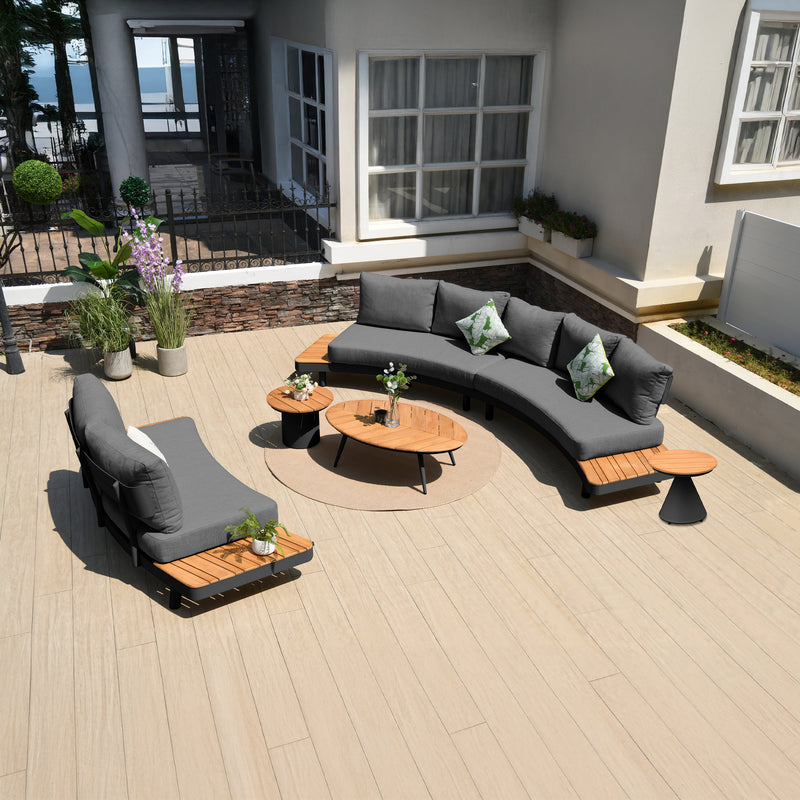 Deko Living - 6 Place Seating Outdoor Gray Aluminum and Teak Contour Sofa Set