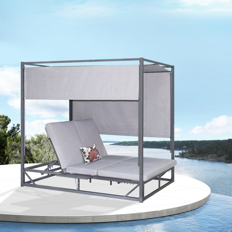 Deko Living - 2 Place Outdoor Aluminum Rectangular Patio Daybed with Retractable Gray Textilene Fabric Canopy