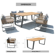 Deko Living - 6 Place Seating Palazzolo Outdoor Teak Patio Dining Table Set and Cushioned Chairs