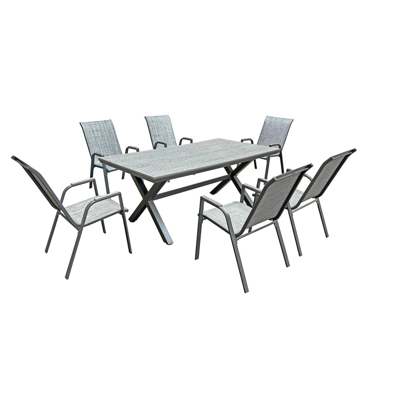 Deko Living - 6 Place Seating Outdoor Aluminum Patio Dining Table Set and Chairs with Gray Textilene Fabric