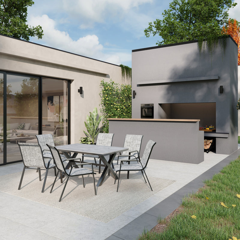 Deko Living - 6 Place Seating Outdoor Aluminum Patio Dining Table Set and Chairs with Gray Textilene Fabric