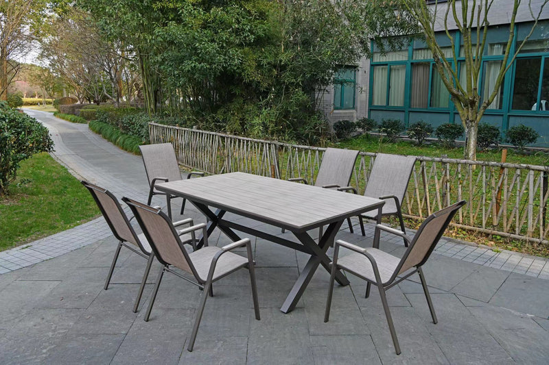 Deko Living - 6 Place Seating Outdoor Aluminum Patio Dining Table Set and Chairs with Brown Textilene Fabric