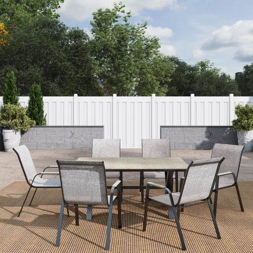 Deko Living - 6 Place Seating Outdoor Aluminum Patio Dining Table Set and Chairs with Brown Textilene Fabric