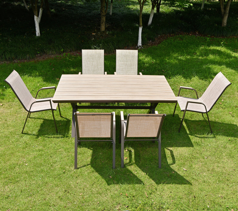 Deko Living - 6 Place Seating Outdoor Aluminum Patio Dining Table Set and Chairs with Brown Textilene Fabric