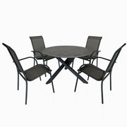 Deko Living - 4 Place Seating Grey Outdoor Aluminum Round Patio Dining Table and Stackable Chairs Set