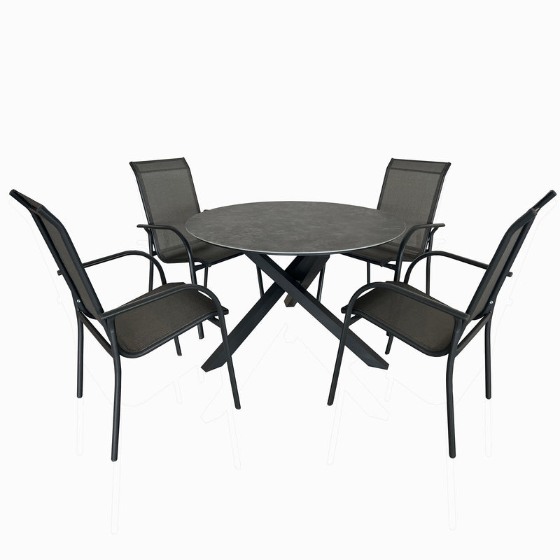Deko Living - 4 Place Seating Grey Outdoor Aluminum Round Patio Dining Table and Stackable Chairs Set