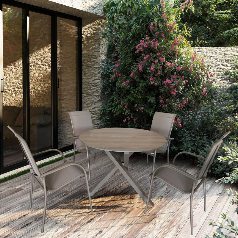 Deko Living - 4 Place Seating Champagne Outdoor Aluminum Round Patio Dining Table and Stackable Chairs Set