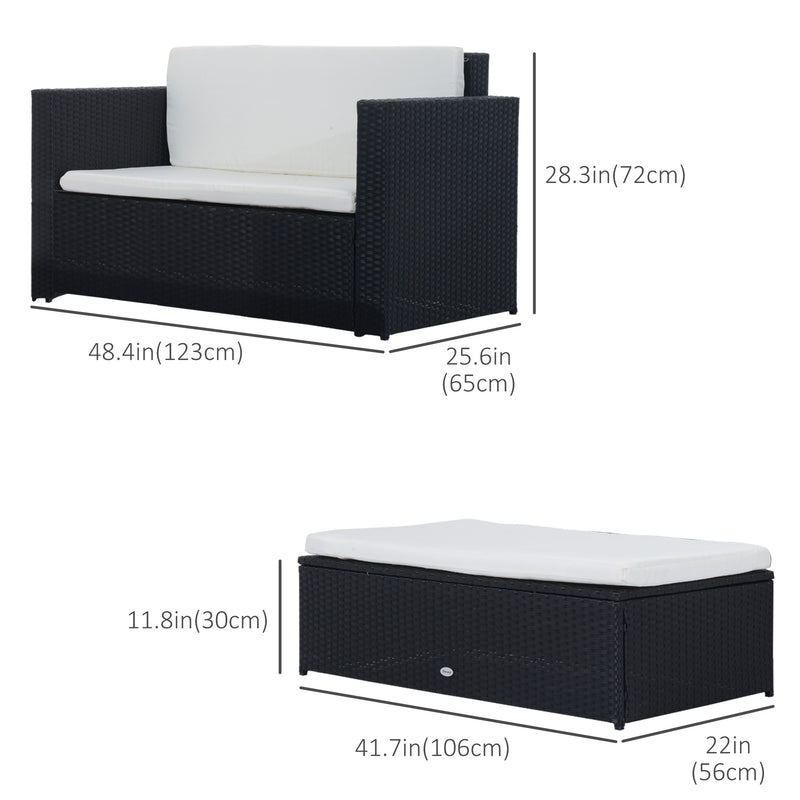 Outsunny - 2 Pieces Wicker Patio Furniture Set with Double Ottoman, Outdoor PE Rattan Conversation Set with Loveseat and Two Seat Ottoman, Cream White