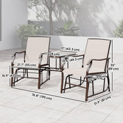 Outsunny - Double Patio Glider Chair with Glass Top Center Table, Outdoor Glider Loveseat with High Back, All Weather Breathable Mesh Fabric for Garden, Backyard, Deck, Beige