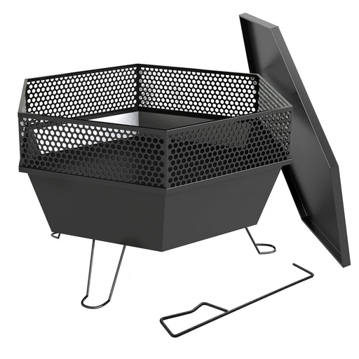 Outsunny - 20" Fire Pit with Fire Poker, Foldable Wood Burning Firepits with Lid, Portable Firepit, Black
