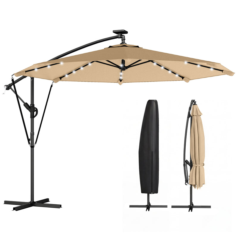Outsunny - 9.7ft Solar LED Cantilever Patio Umbrella with 32 LED Lights, Cross Base, Crank Handle, for Poolside, Deck, Khaki