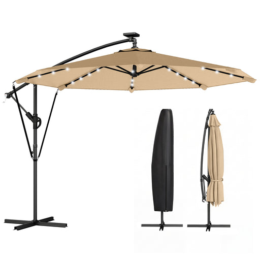 Outsunny - 9.7ft Solar LED Cantilever Patio Umbrella with 32 LED Lights, Cross Base, Crank Handle, for Poolside, Deck, Khaki