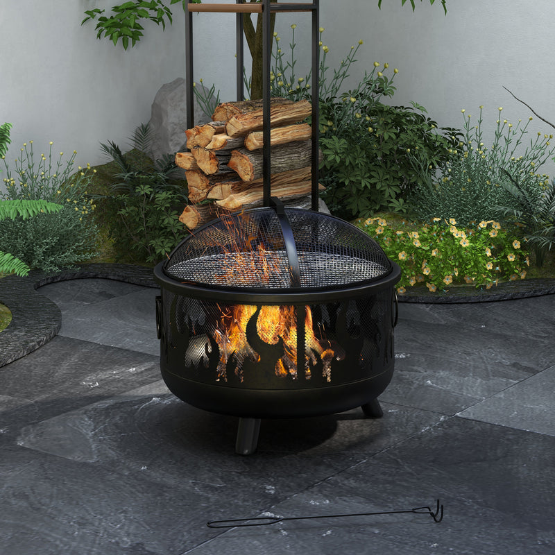 Outsunny - Outdoor Metal Fire Pit, 24" Round Firepit Bowl w/ Lid Grill Poker Handles for Garden, Camping, BBQ, Bonfire, Black