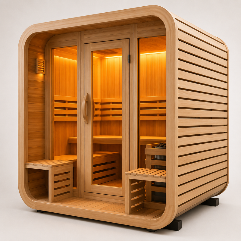 SMARTMAK Outdoor Sauna Room - Red Cedar & Thermo-Wood Cabin, Modern Courtyard Design