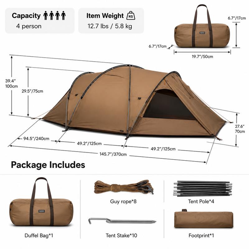 OneTigris Orbitis Tunnel Tent with Stove Jack - 4 Person Lightweight Hot Tent for Glamping & Bushcraft