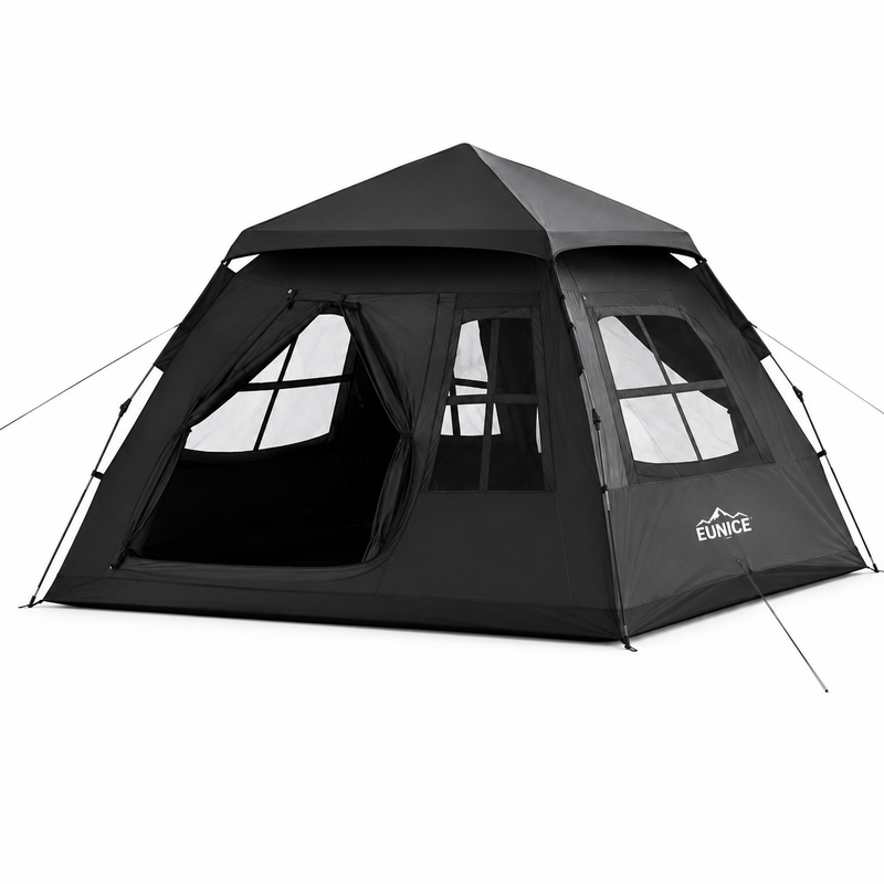 3-8 Person Hexagonal Automatic Camping Tent 2 In 1 Black Coated Waterproof Sunscreen Two Doors Four Windows Quick Open Outdoor