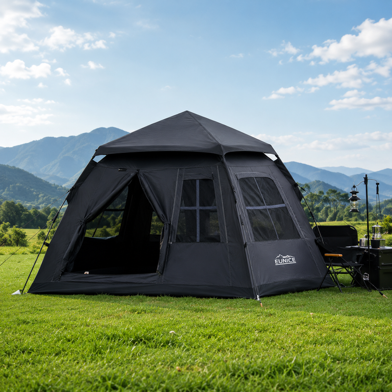 3-8 Person Hexagonal Automatic Camping Tent 2 In 1 Black Coated Waterproof Sunscreen Two Doors Four Windows Quick Open Outdoor