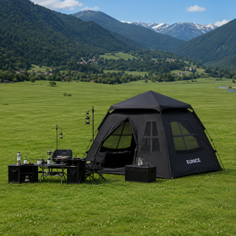 3-8 Person Hexagonal Automatic Camping Tent 2 In 1 Black Coated Waterproof Sunscreen Two Doors Four Windows Quick Open Outdoor