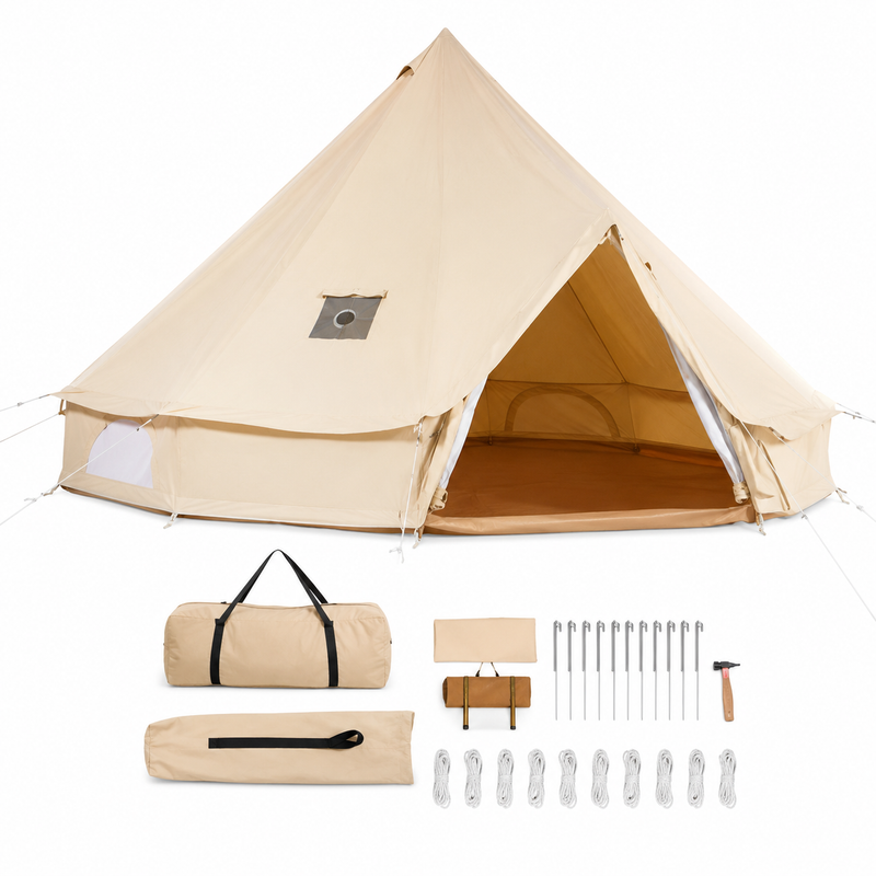 Canvas Bell Tent - 4-Season Yurt Tent with Stove Jack, Holds Up to 8 People
