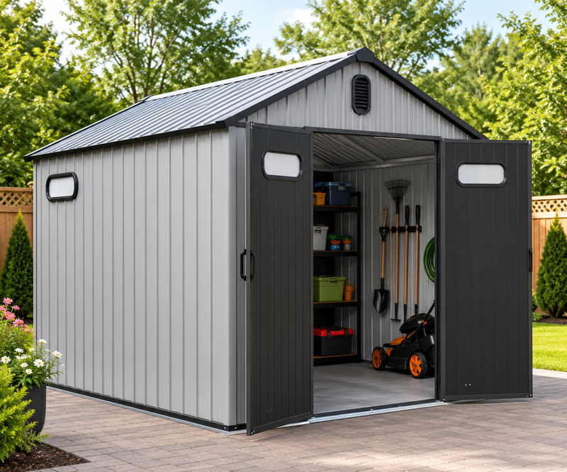 6X6 FT Durable Outdoor Resin Storage Shed with Lockable Door Windows Vents Waterproof Plastic Garden Tool Shed