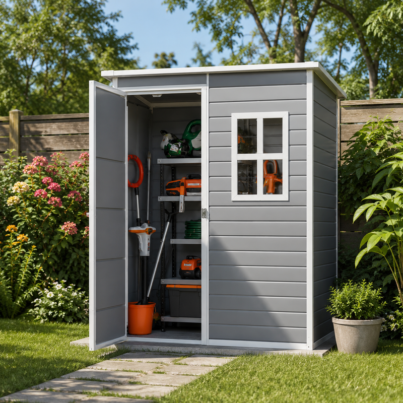 Ventilation, Customized 5x3 FT Outdoor Storage Shed with Lockable Door, Resin Weatherproof Plastic Garden Shed with Floor
