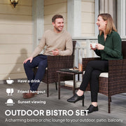 Outsunny - Wicker Bistro Set, 3 Piece Patio Furniture Set with 2-Tier Glass Top Table, Cushions for Balcony, Porch, Beige