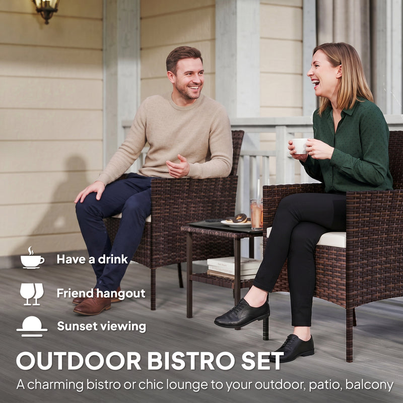 Outsunny - Wicker Bistro Set, 3 Piece Patio Furniture Set with 2-Tier Glass Top Table, Cushions for Balcony, Porch, Beige