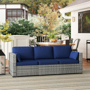 Outsunny - 3-Seater Patio Sofa with Cushions, Rattan Conversation Set with Steel Frame & Washable Cushion Covers, Dark Blue