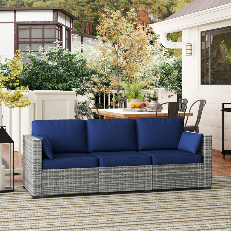 Outsunny - 3-Seater Patio Sofa with Cushions, Rattan Conversation Set with Steel Frame & Washable Cushion Covers, Dark Blue