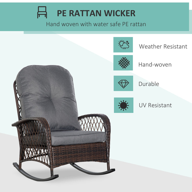 Outsunny - Rattan Rocking Chair, Outdoor Wicker Patio Rocker Chair Furniture with Thick Cushions, for Garden Backyard Porch, Grey