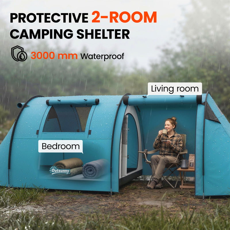 Outsunny - 3-4 Person Camping Tent with 2 Rooms, 3000mm Waterproof Portable Family Tent with Carry Bag, Sky Blue