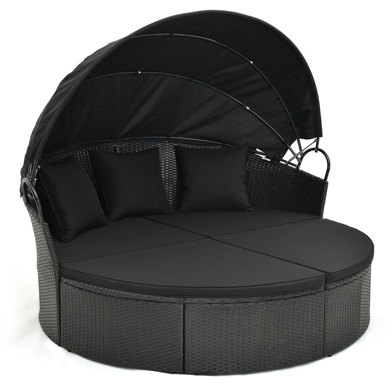 Costway - Clamshell Patio Round Daybed Wicker with Retractable Canopy and Pillows-Black