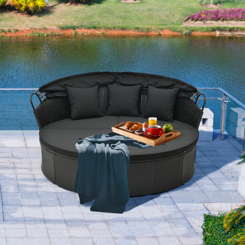 Costway - Clamshell Patio Round Daybed Wicker with Retractable Canopy and Pillows-Black