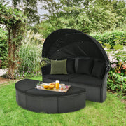 Costway - Clamshell Patio Round Daybed Wicker with Retractable Canopy and Pillows-Black