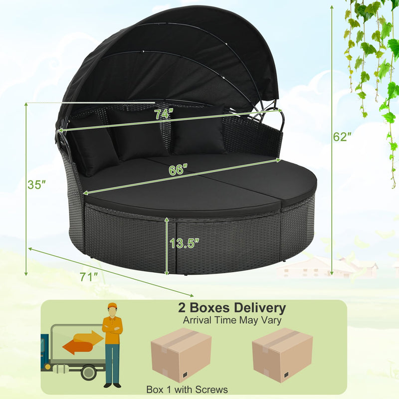 Costway - Clamshell Patio Round Daybed Wicker with Retractable Canopy and Pillows-Black