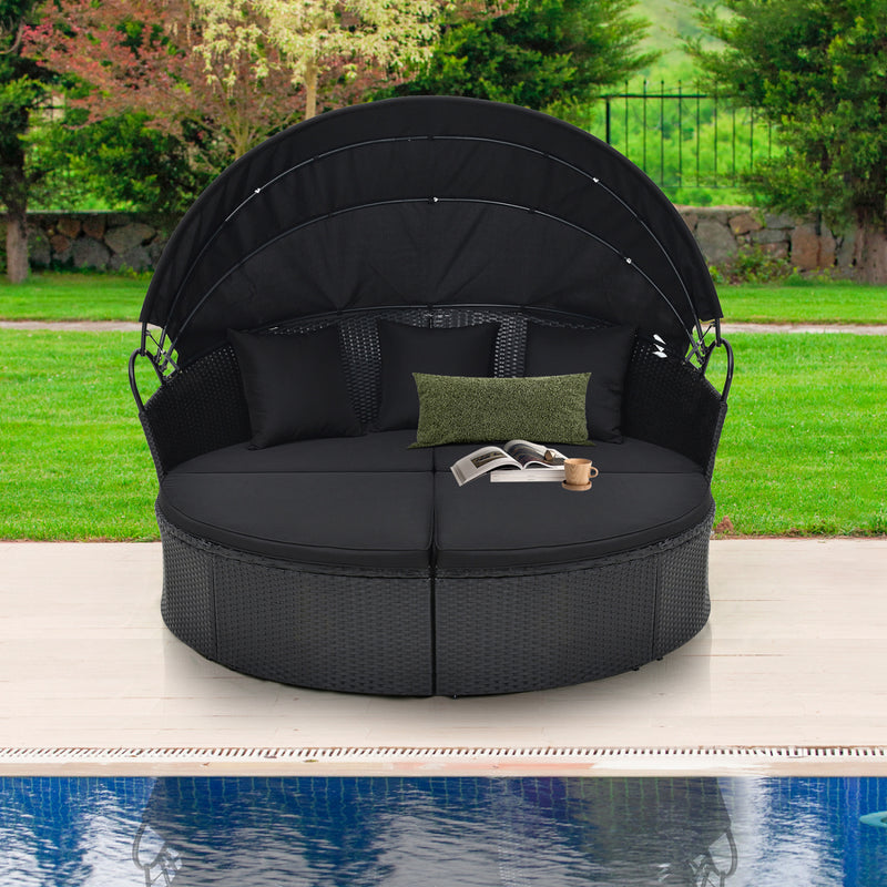 Costway - Clamshell Patio Round Daybed Wicker with Retractable Canopy and Pillows-Black