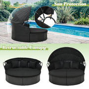 Costway - Clamshell Patio Round Daybed Wicker with Retractable Canopy and Pillows-Black