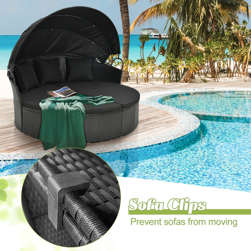 Costway - Clamshell Patio Round Daybed Wicker with Retractable Canopy and Pillows-Black