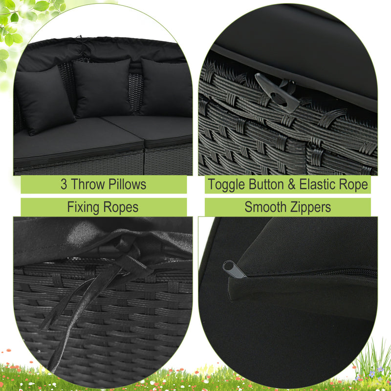 Costway - Clamshell Patio Round Daybed Wicker with Retractable Canopy and Pillows-Black