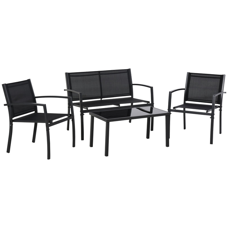 Outsunny - 4-Piece Patio Furniture Set with Glass Top Coffee Table, Breathable Mesh Seat & Backrest for Garden, Balcony, Black