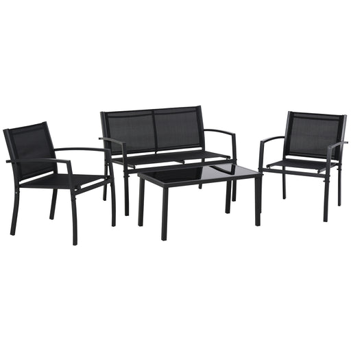 Outsunny - 4-Piece Patio Furniture Set with Glass Top Coffee Table, Breathable Mesh Seat & Backrest for Garden, Balcony, Black