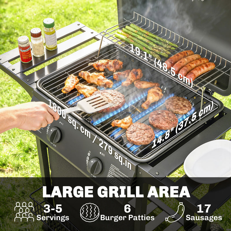 Outsunny - 2-Burner Propane Gas Grill, 18000 BTU BBQ Grill with Wheels, Warming Rack, Shelf, Thermometer, Grease Cup, Black