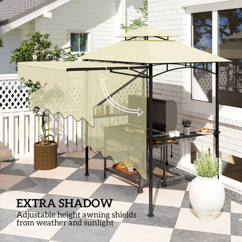 Outsunny - 8' x 7.6' Grill Gazebo, Double Tiered Barbecue Grill Gazebo Shelter w/ Side Awning, 2 Side Shelves, 6 Hooks, Beige