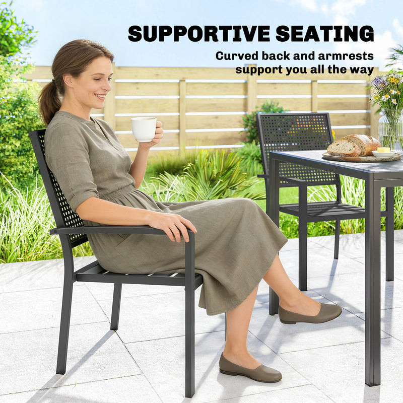 Outsunny - Stackable Patio Chairs Set of 2, Outdoor Dining Chairs with Faux Wicker Steel Mesh Back, Slatted Seat, Armrests, Black