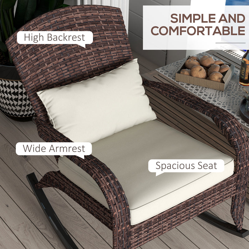 Outsunny - Adirondack Chair, Outdoor Wicker Rocking Chair with High Back, Seat Cushion and Pillow for Porch, Balcony, Cream/Brown