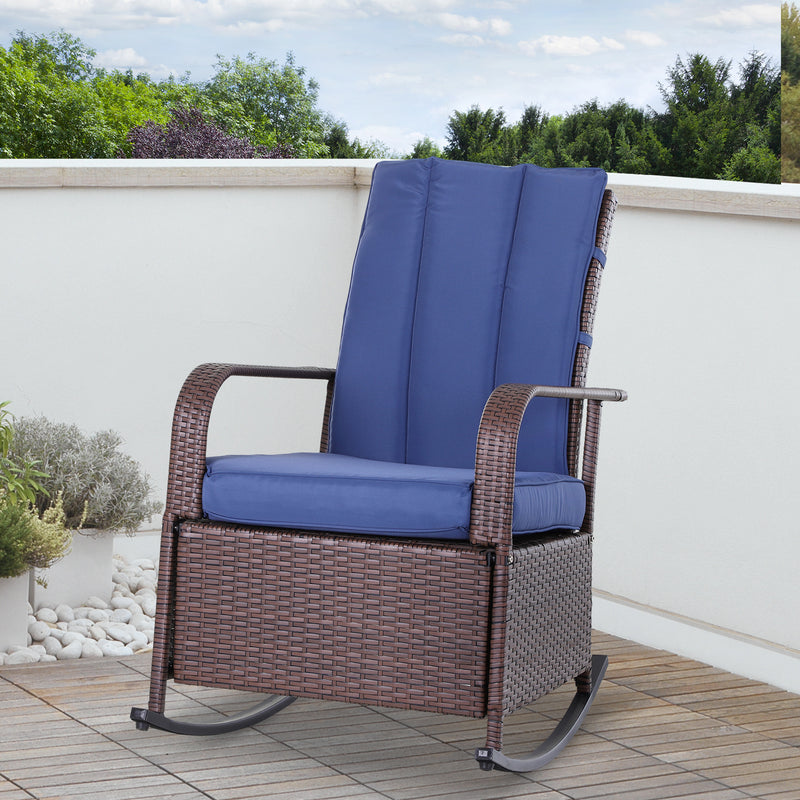 Outsunny - Outdoor Wicker Rocking Chair with Cushion, Patio PE Rattan Recliner Chair with Adjustable Footrest, Armrests, Dark Blue