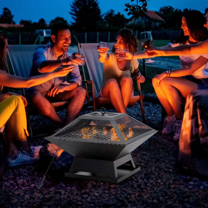 Outsunny - 17.7" Wood Burning Portable Fire Pit, Outdoor Firepit with Cooking BBQ Grill, Spark Screen, Poker for Backyard, Black